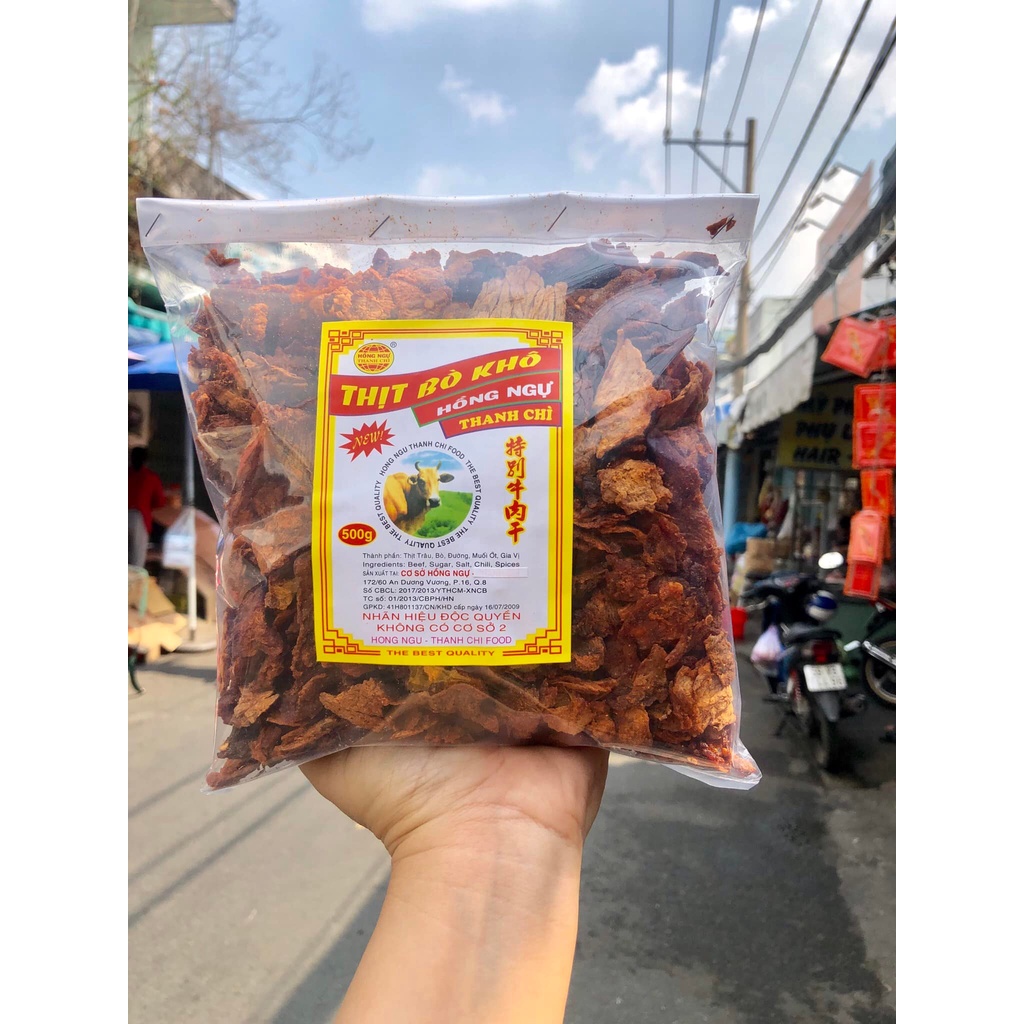 500gr Khô bò vụn Hồng Ngự Thanh Chì Chính Hiệu, hàng chuẩn ngon, khô bò vụn giòn cay Hồng Ngự miếng nhỏ vừa