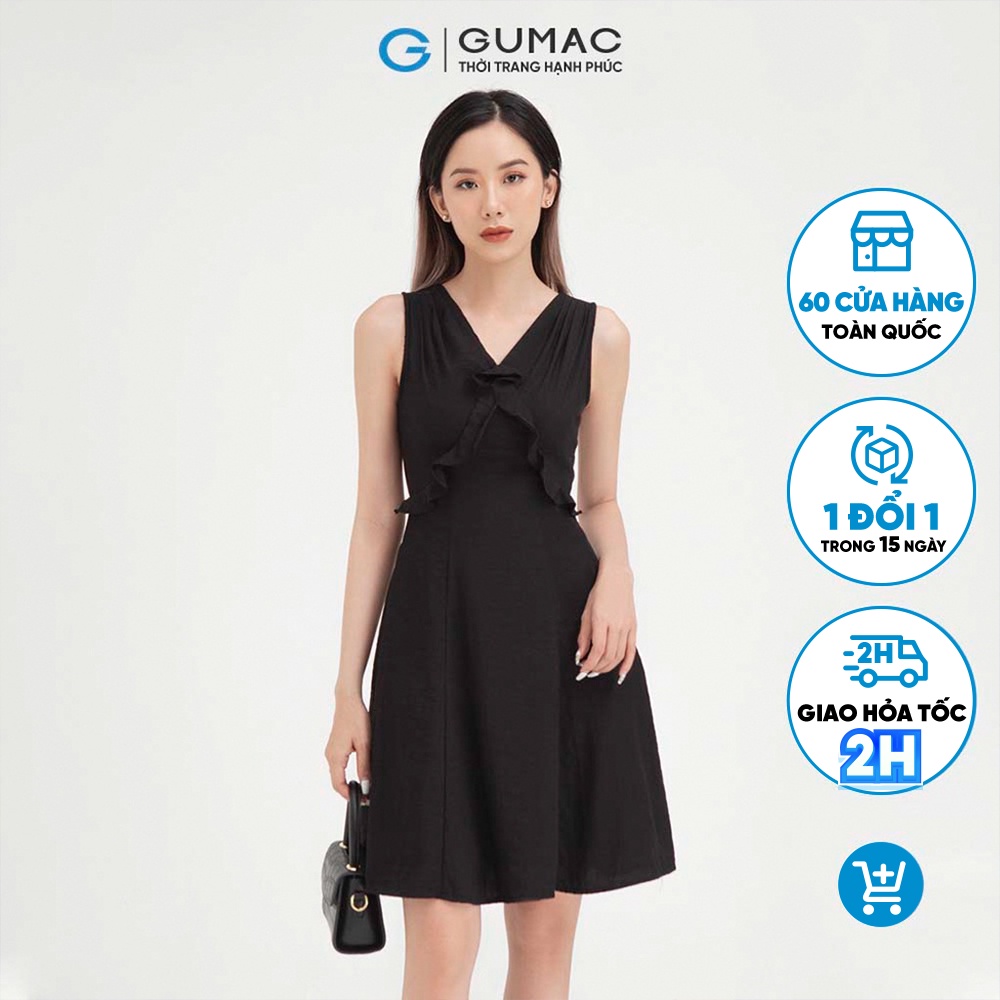 Đầm xòe nữ sát nách xếp vai GUMAC màu đen trơn trẻ trung DB453
