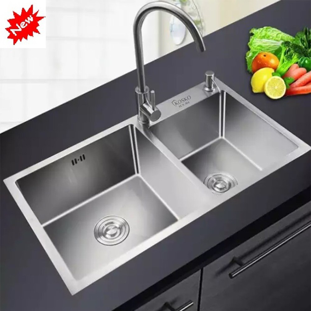 Chậu rửa bát inox 304 KOSKO 82-45cm Đúc 2 hố lệch (Tặng Kệ Để Đồ Đa Năng + Bộ ống xả), Chậu rửa chén inox