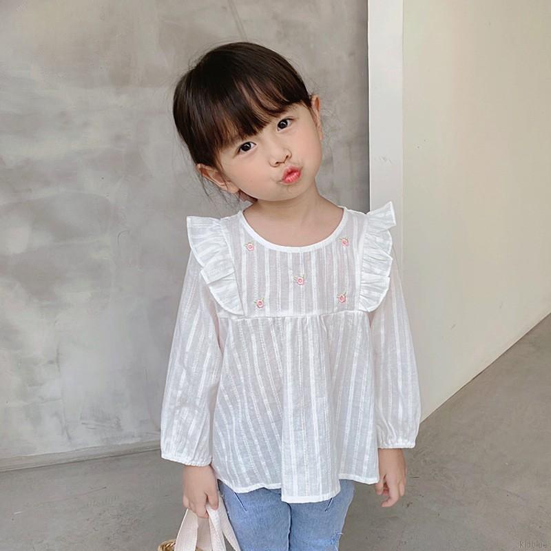 Áo tay dài cổ tròn màu trơn thêu trang trí dành cho bé gái