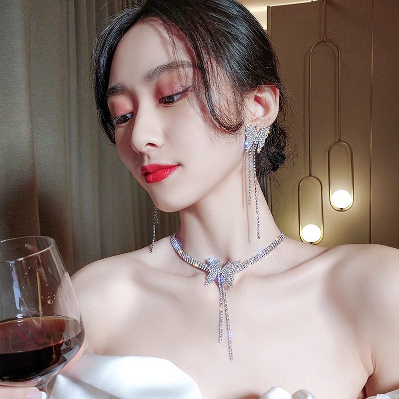 Bông Tai Dáng Dài Phối Tua Rua Hình Bướm Đính Đá Phong Cách Hàn Quốc Sang Trọng Thời Trang