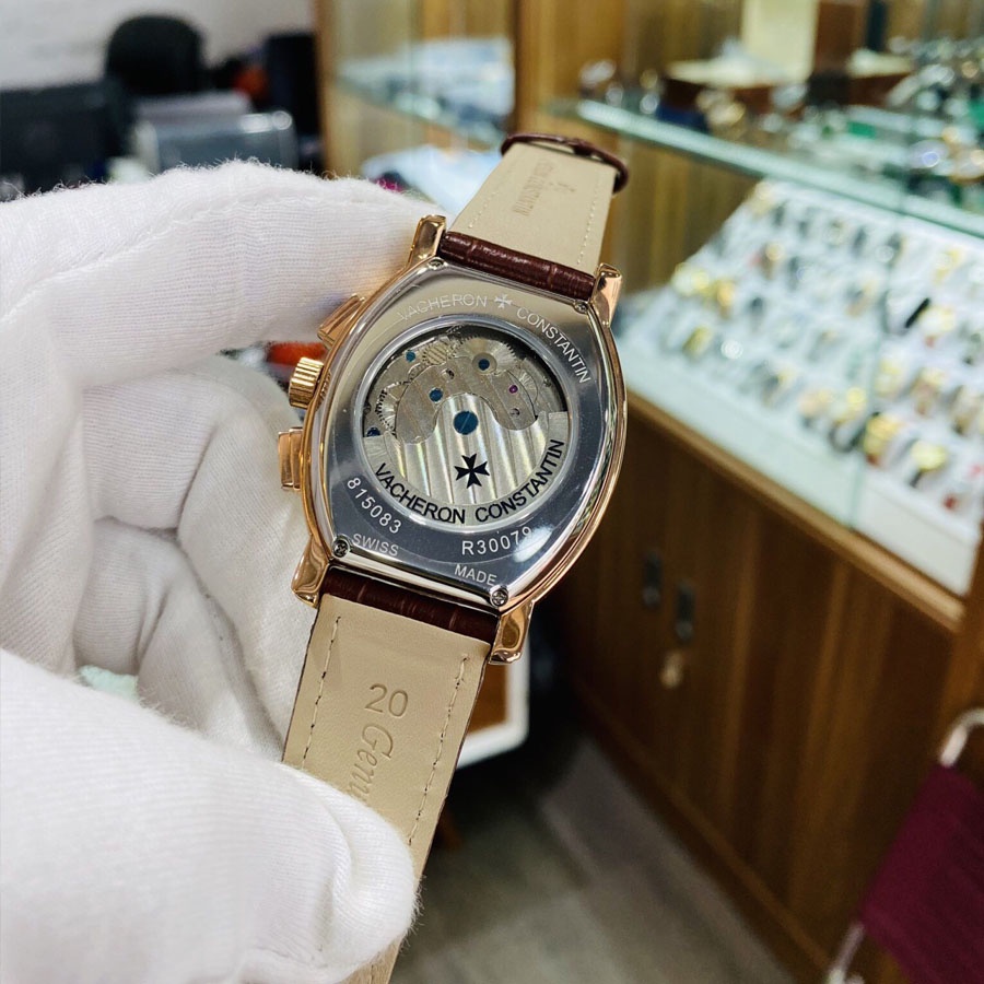Đồng hồ Nam Vacheron constantin cơ bầu tự động 6kim trăng sao size 40-41 dây da vỏ vàng hồng mặt đen