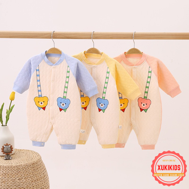 Body trần bông không viền đường may hàng Quảng Châu Bodysuit liền thân dài tay cài giữa 3 lớp dày ấm cho bé trai bé gái