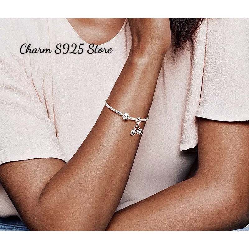 charm pan treo chiếc xe đạp đính đá trắng bạc s925 cao cấp
