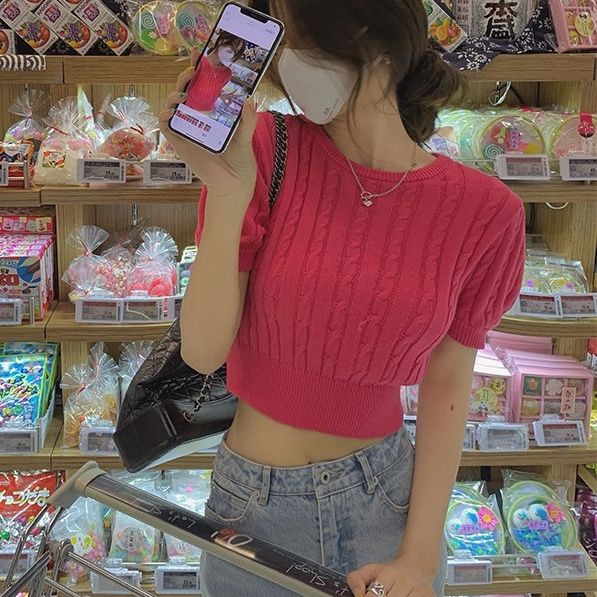 Áo Thun Dệt Kim Tay Ngắn Cổ Tròn Màu Trơn Thắt Nơ Thời Trang Cho Nữ