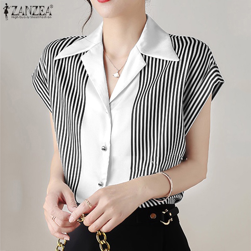 ZANZEA Áo Sơ Mi Nữ Ngắn Tay Họa Tiết Sọc Thời Trang