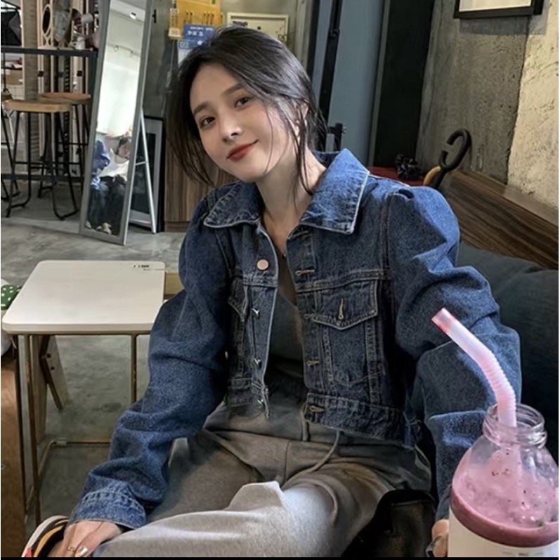Áo khoác jean croptop dài tay màu xanh đậm dành cho nữ Denim
