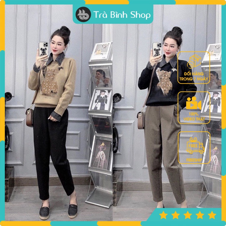 Quần suông nữ chất dạ chéo có túi 2 bên cạp chun đính cúc cao cấp