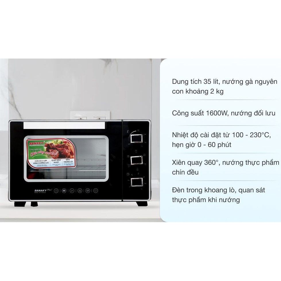 Lò nướng điện Sanaky VH3599S2D 35 lít-Mới 100%-5 chế độ nướng đáp ứng đầy đủ nhu cầu cho gia đình-Bảo hành 12 tháng