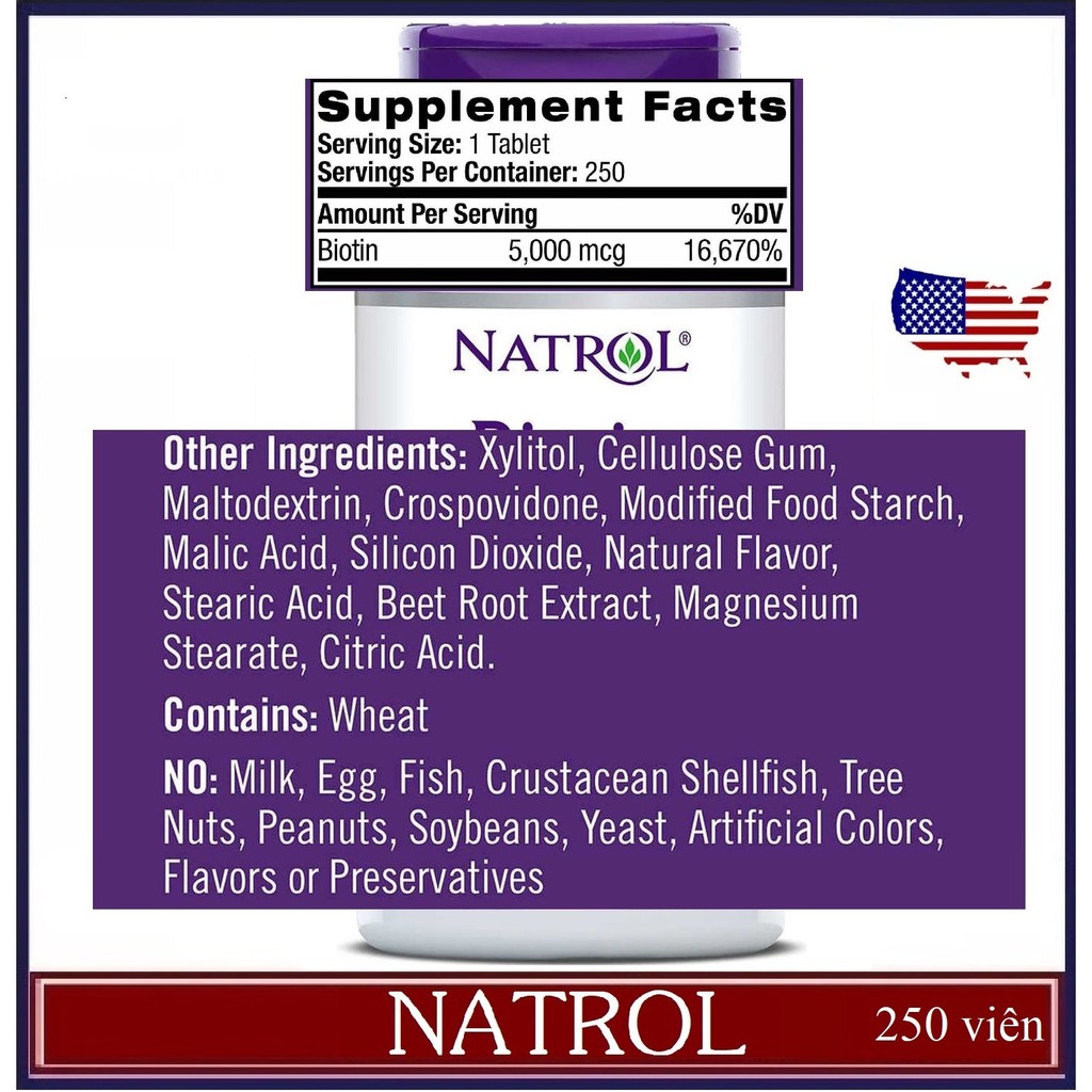 Viên uống mọc tóc Natrol Biotin 5000 mcg Fast Dissolve của Mỹ [Hộp 250 viên]