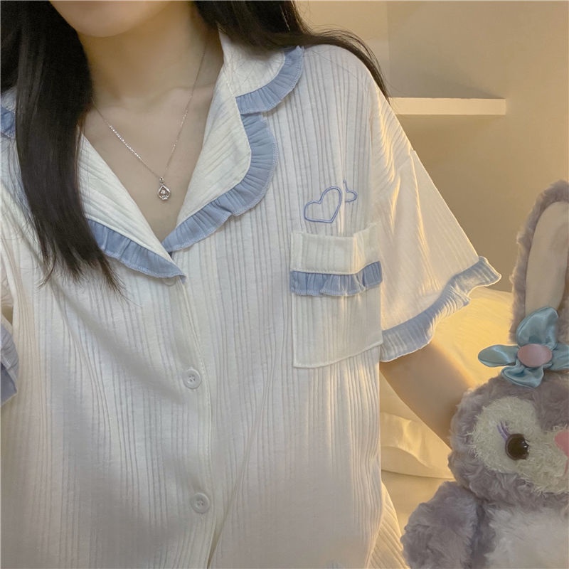 Bộ pijama nữ ngắn tay, cotton tăm mát mẻ cho mùa hè, kiểu dáng tiểu thư xinh xắn