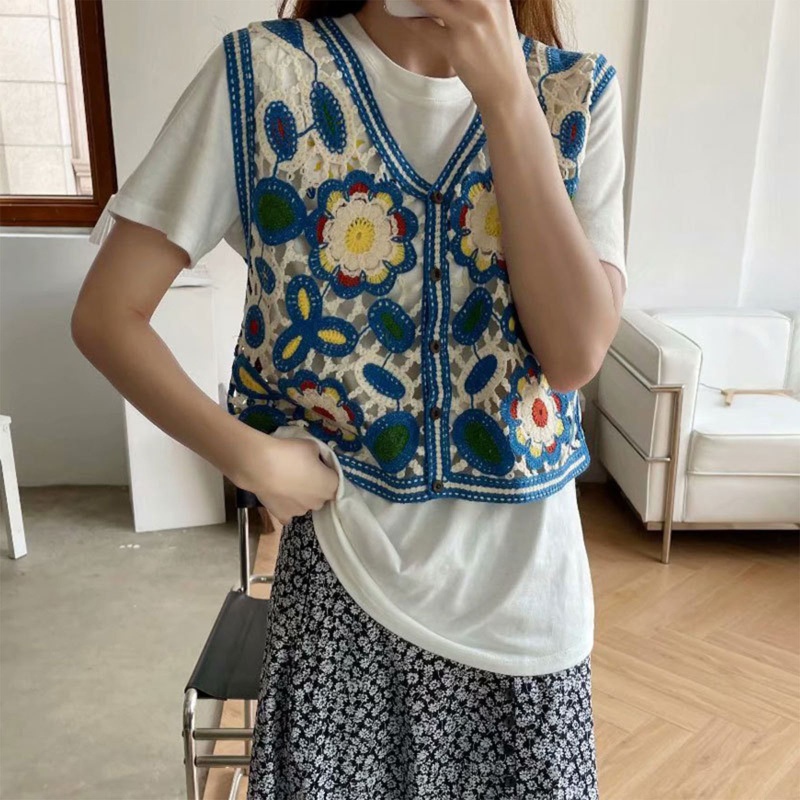 Áo Sweater Không Tay Họa Tiết Thêu Hoa Thời Trang Hè Thu Cho Nữ