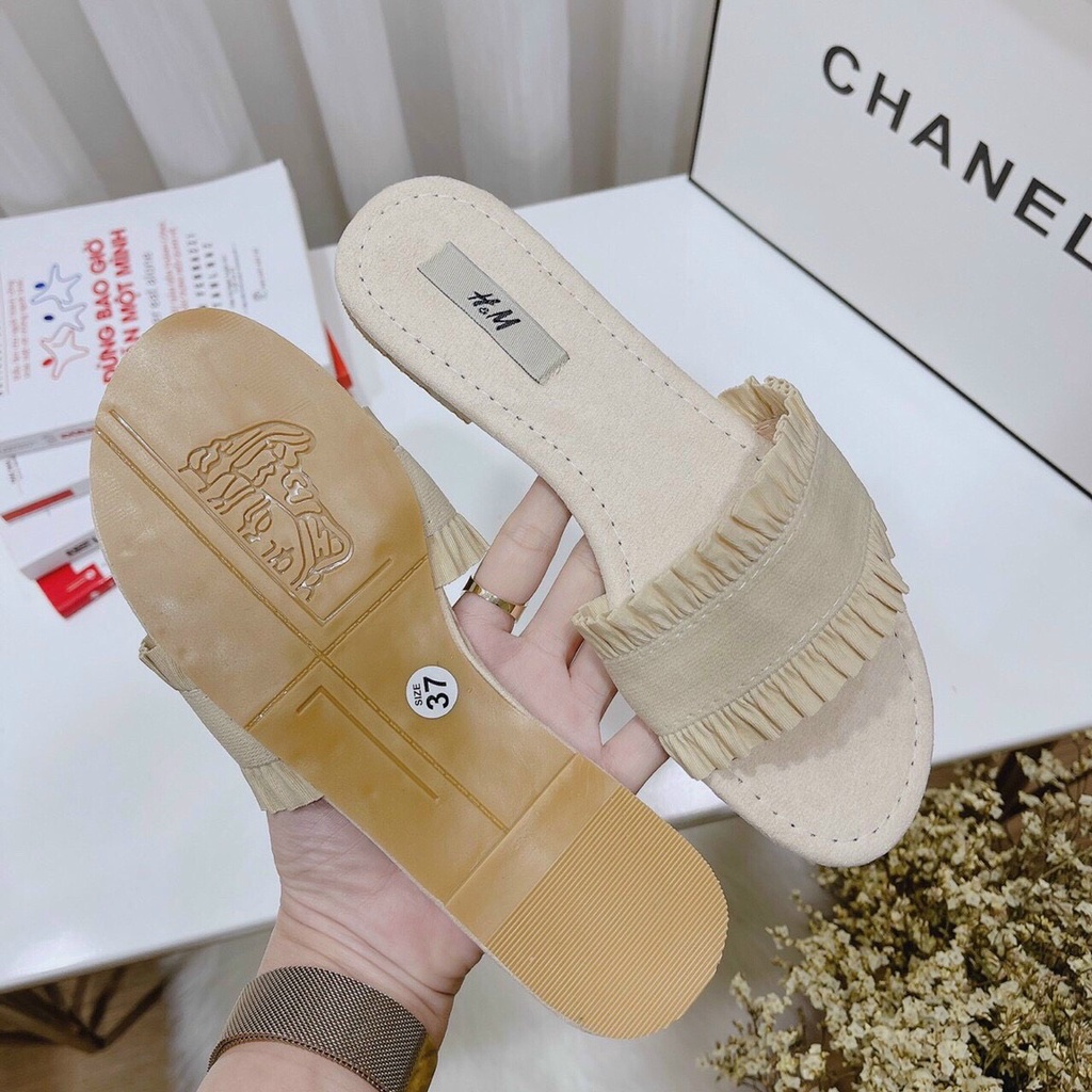 Sẵn Dép quai vải thô bèo xếp nhún 2 màu kem+ đen