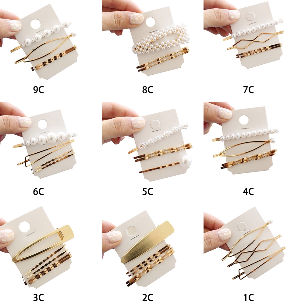 Bộ 3 kẹp tóc kim loại phối đinh tán đính ngọc trai giả phong cách thời trang cho phái nữ