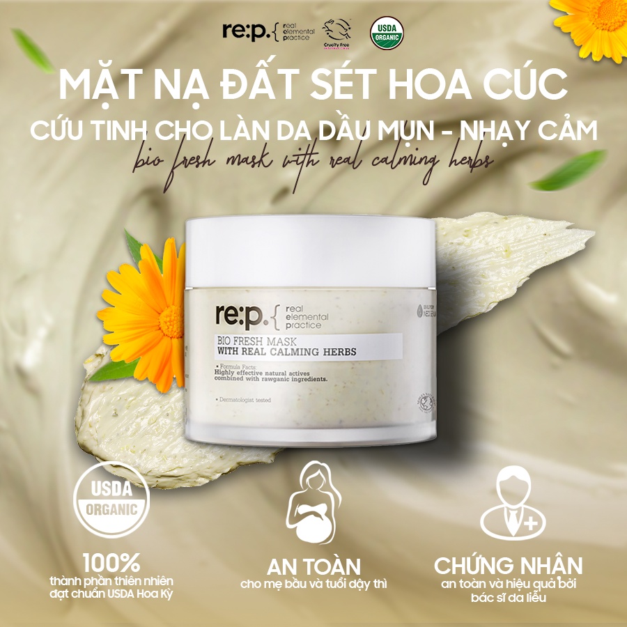 Mặt Nạ REP Mặt Nạ Đất Sét Hữu Cơ Hoa Cúc Giảm Sưng Mụn RE:P BIO FRESH MASK WITH REAL CALMING HERB 130G [NHẬP KHẨU]