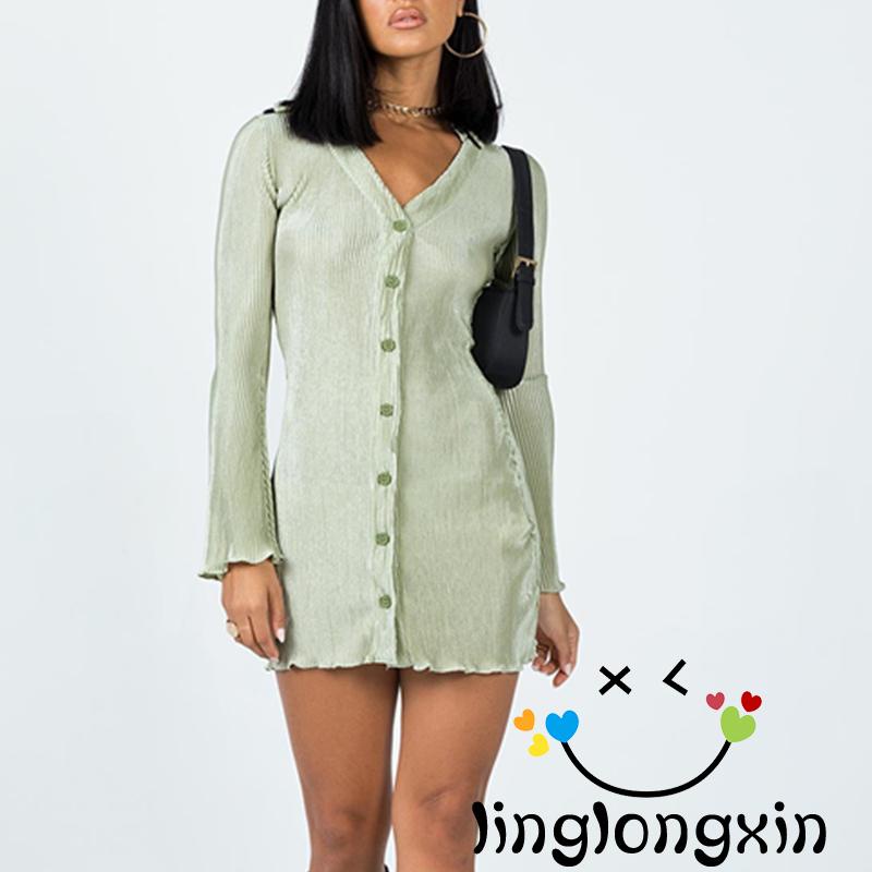 Đầm Dài Tay Dáng Ôm Cài Nút Màu Trơn Linglongxi2-fit