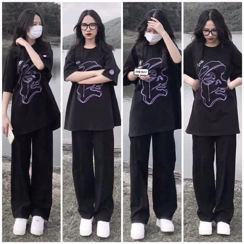 set quần kaki ống rộng kèm áo phông hình đen