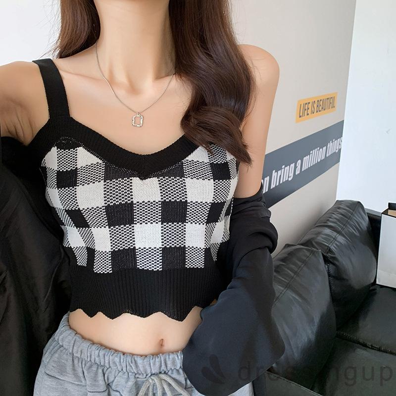 Áo Croptop Dệt Kim Không Tay Cổ Chữ V In Họa Tiết Caro Cổ Điển Dành Cho Bạn Nữ