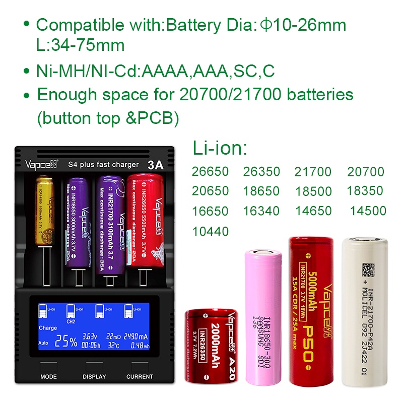 Vapcell S4 PLUS V2 4 khay pin sạc nhanh 12A