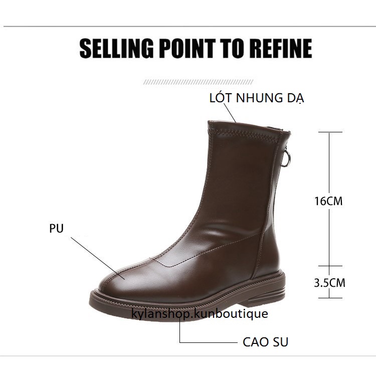 Bốt da Martins giày da PU cổ cao khóa kéo sau thu đông đế bằng 3.5cm màu nâu đen