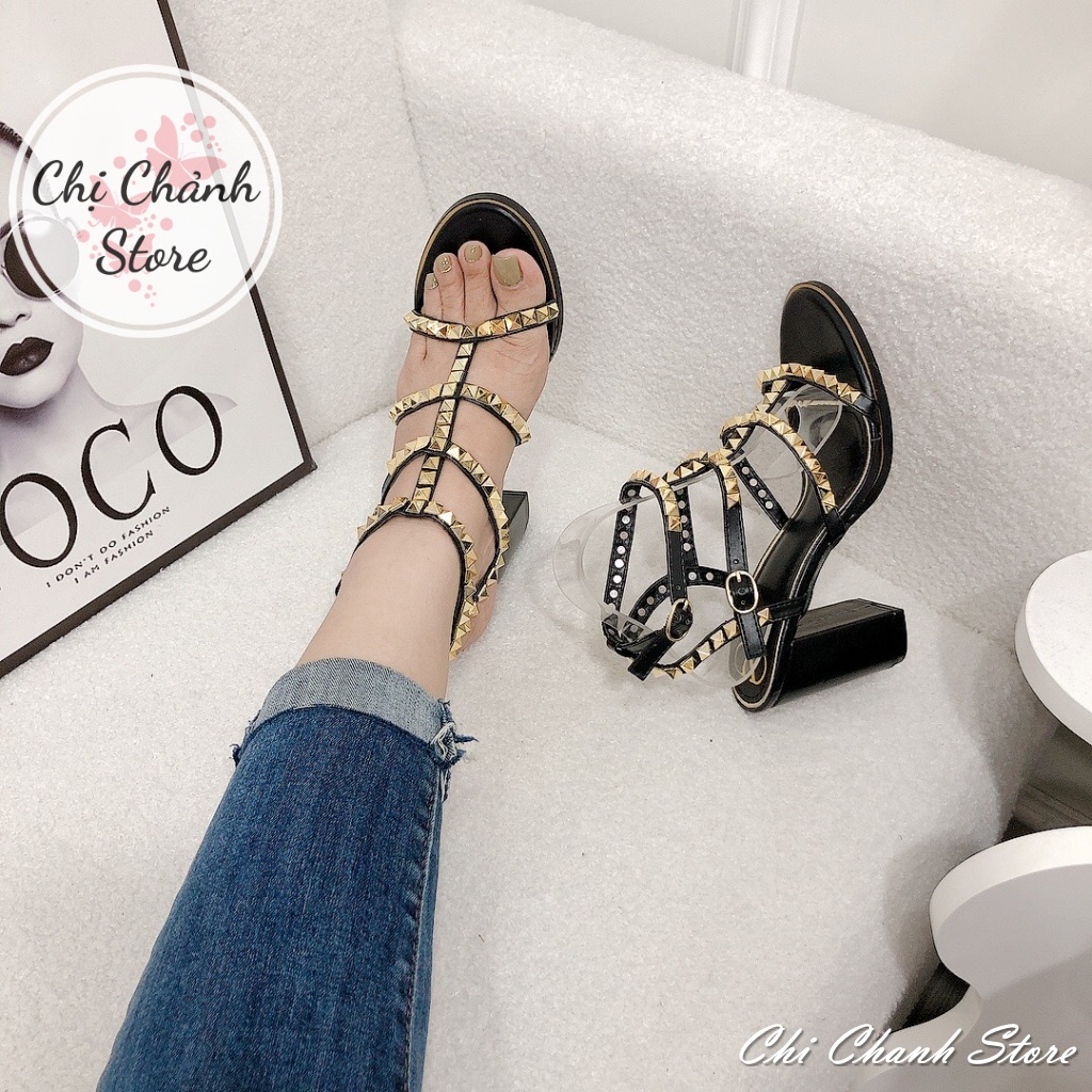 Sandal Cao Gót 9p Quai Đinh Thời Trang Hàng Chuẩn Cao Cấp Cực Xinh Sang - 2 Màu Trắng Đen