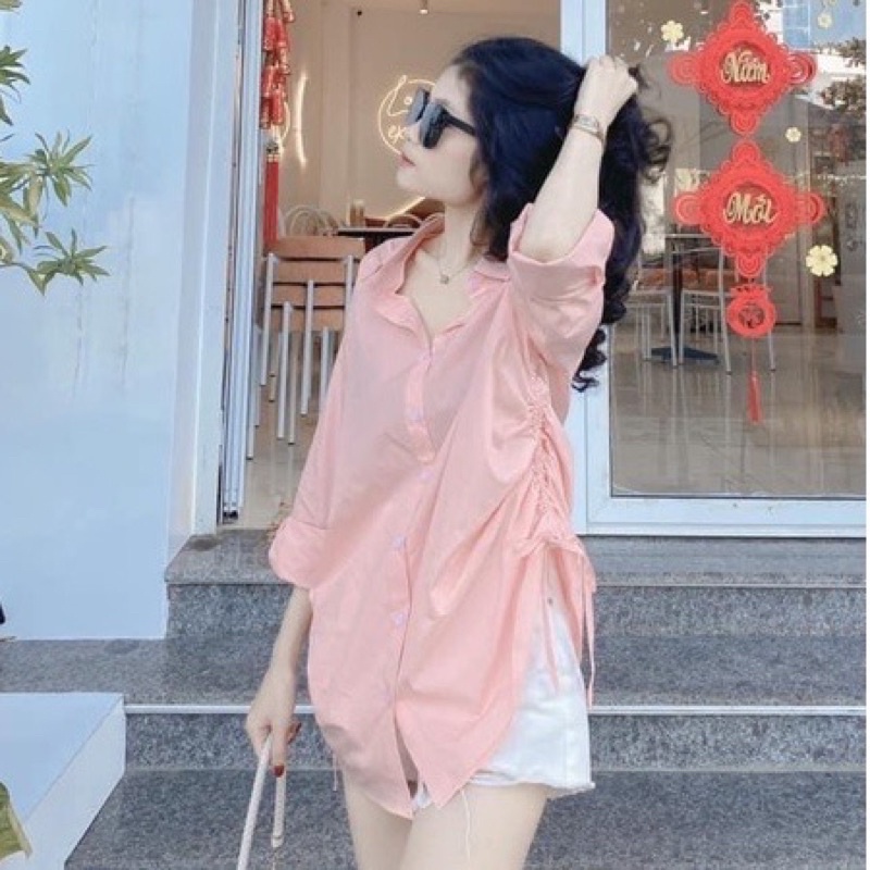 Sơ mi nữ Hồng kiểu dây rút sườn, phong cách Hàn Quốc dễ thương, form rộng, vải đũi mềm (ẢNH THẬT)