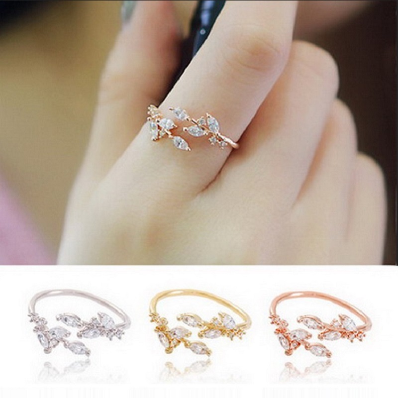 Nhẫn Hở Hình Chiếc Lá Đính Kim Cương Nhân Tạo Sáng Tạo Cho Nữ