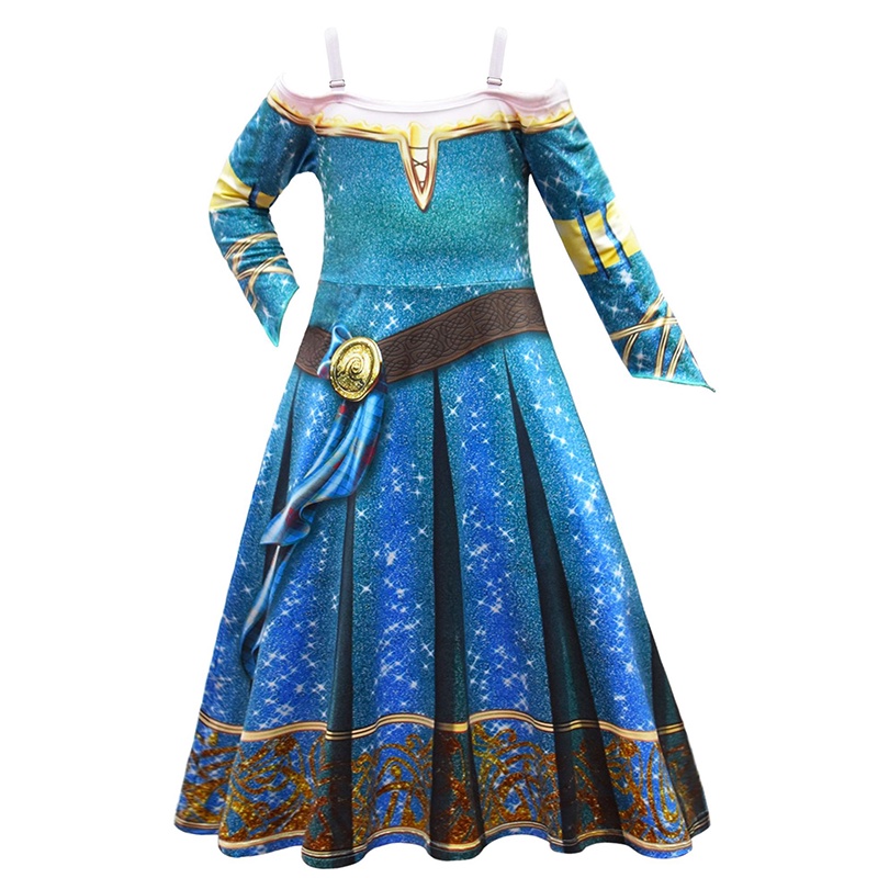 2022 Girls Princess Merida Costume Brave Cosplay Costume Vintage Long Sleeve Shoulderless Dress Birthday Party Dresses