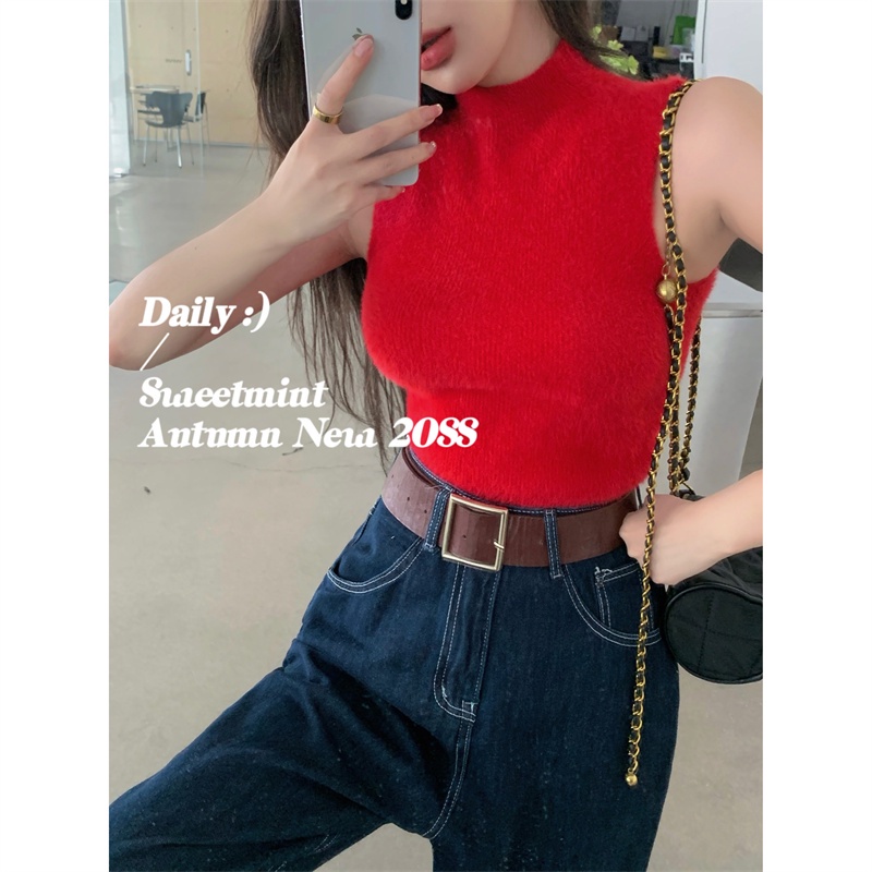 Áo Dệt Kim Sát Nách Cổ Cao Thời Trang Mùa Thu Quyến Rũ