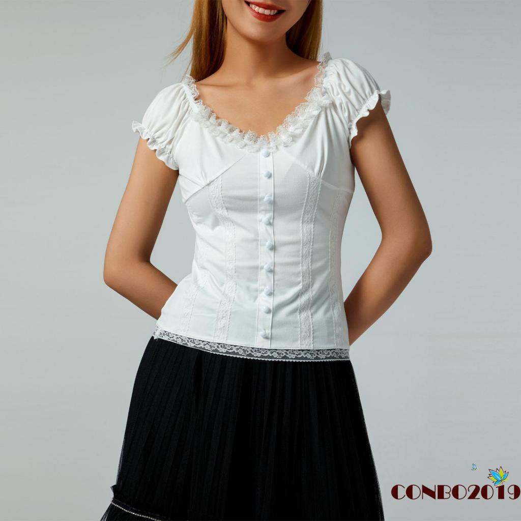 Áo Thun Tay Ngắn Cổ Chữ V Phối Bèo Viền Bèo Màu Sắc Trơn Kiểu Vintage Thời Trang Mùa Hè Cho Nữ