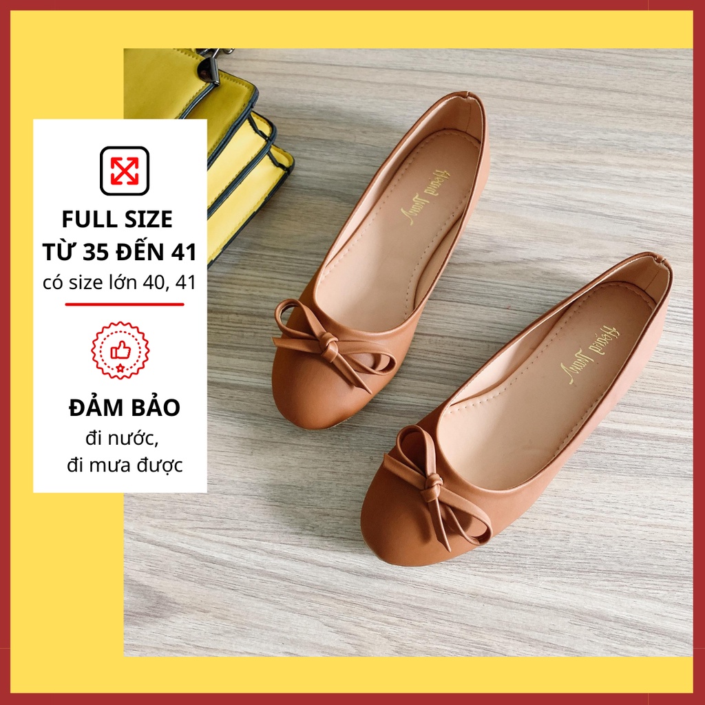 [Có bigsize 40-41] Giày Búp Bê, Giày Nữ Đế Bằng Bít Mũi Đính Nơ Chuẩn Form. Giày Hoàng Thanh A06 Nâu