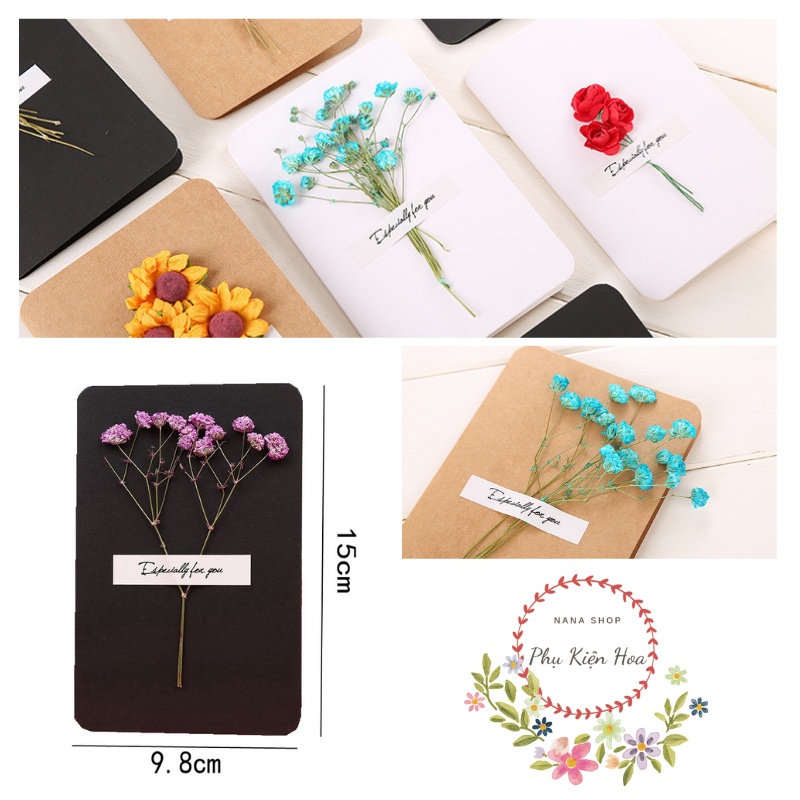 [Set 5 chiếc] Thiệp giấy Karft gắn hoa khô phong cách Vintage thích hợp mọi dịp lễ trong năm