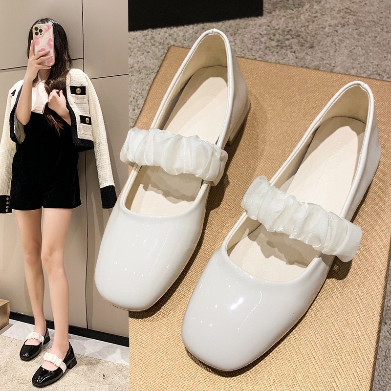 (HÀNG CÓ SẴN) Giày cao gót da bóng mũi tròn quai ngang nhún bèo BIG SIZE 40-43