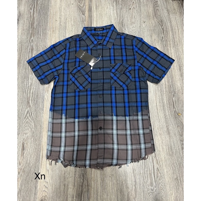 Áo sơ mi nam ngắn tay kẻ đỏ xanh ⚜️ Áo sơ mi nam ngắn tay màu loang rách vạt  2022 ✅