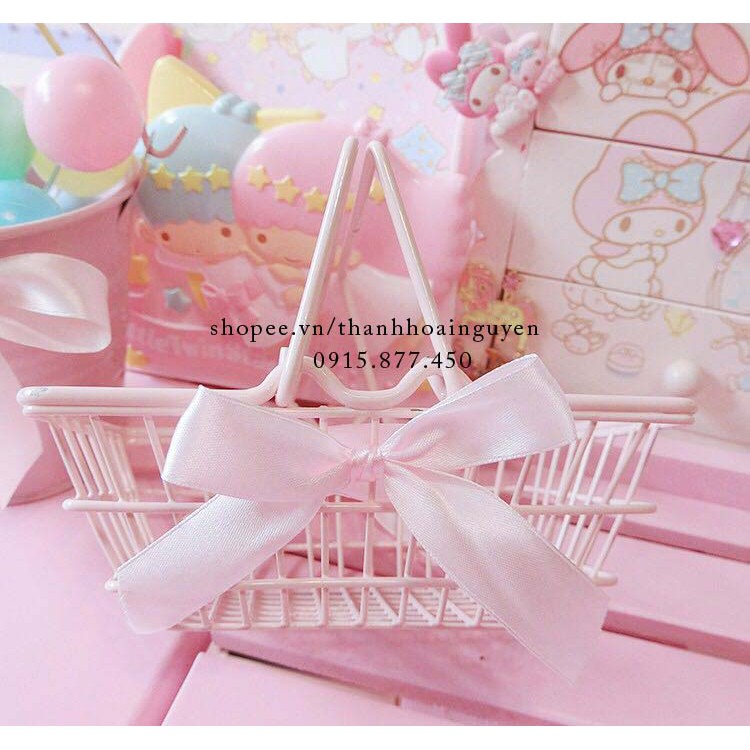 Giỏ tay cầm màu hồng thắt nơ pastel xinh xắn ( Rổ picnic cắm trại , rổ trang trí góc học tập )