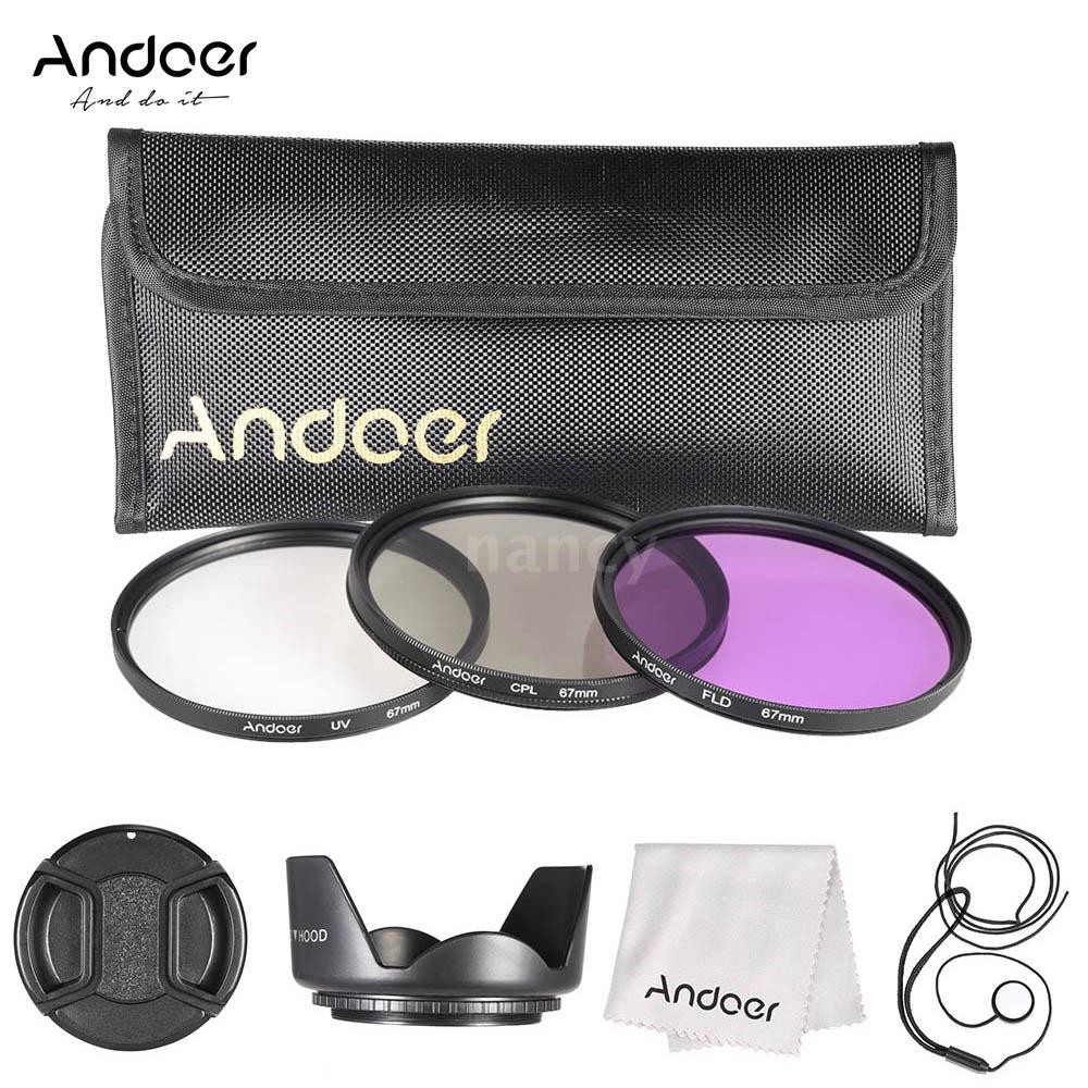 Bộ thấu kính lọc (UV+CPL+FLD) Andoer 67mm với túi đựng nilon và nắp đậy và đồ đựng nắp kèm loa che nắng và vải vệ sinh