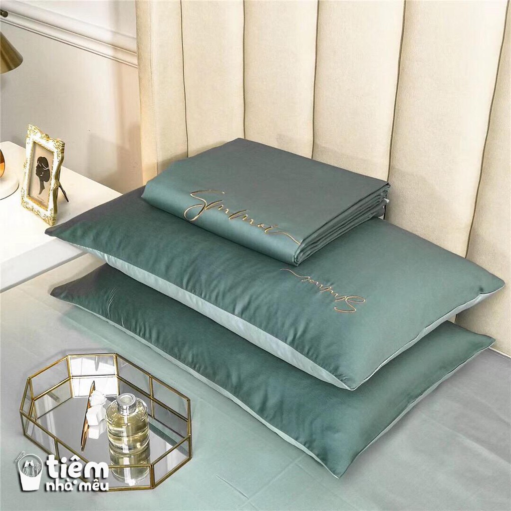 Bộ Chăn Ga Gối Lụa ✨ m6/m8/2m - Tiệm Nhà Mêu✨Set 4 Món Tencel Basic Màu Trơn Chữ Sumoi (Nhiều Màu - Vol2)