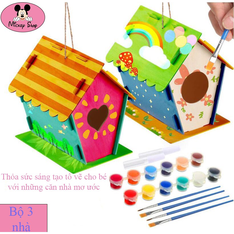 Bộ tô màu nhà gỗ, Bộ 3 nhà tặng kèm cọ vẽ và bộ 12 màu