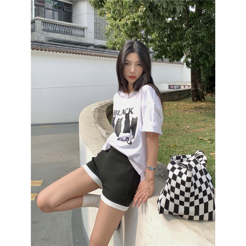 Áo Thun Cotton Trơn Cổ Tròn In Hình Mèo Dễ Phối Đồ 49911