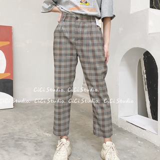 Quần baggy vải kẻ cạp chun lưng - ảnh tự chụp