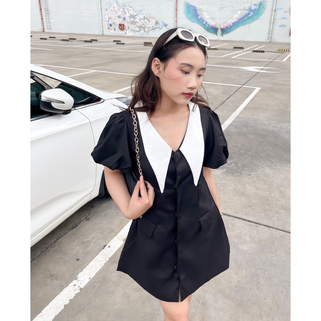 (HÀNG SẴN - ẢNH THẬT) Váy đen cổ gấm có 2 túi đắp, đầm form chữ A tay bồng trên gối trẻ trung, cá tính