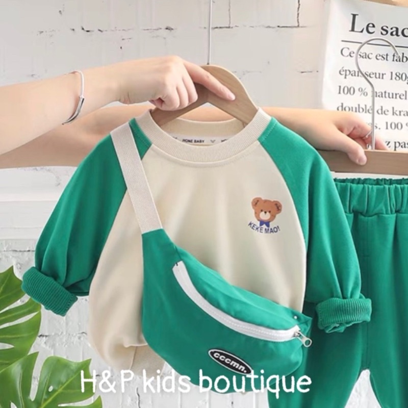 Bộ nỉ cho bé kèm túi  Đồ bộ thu đông dài tay cho bé trai, bé gái 1 2 3 4 5 6 7 tuổi