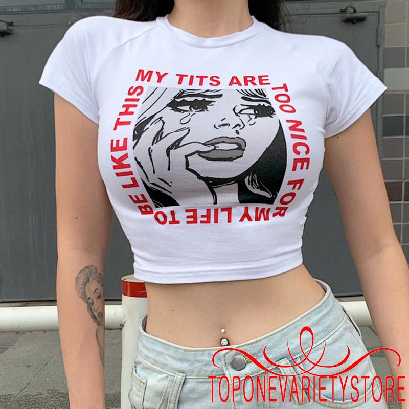 Áo thun croptop ngắn tay in hình thời trang dành cho nữ