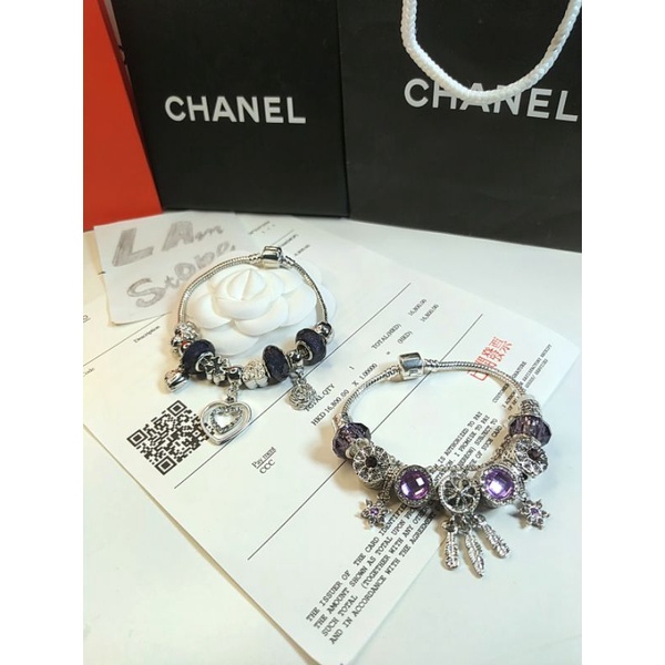 Vòng tay/Lắc tay Charm Pandora đính đá mạ bạc có chốt mở
