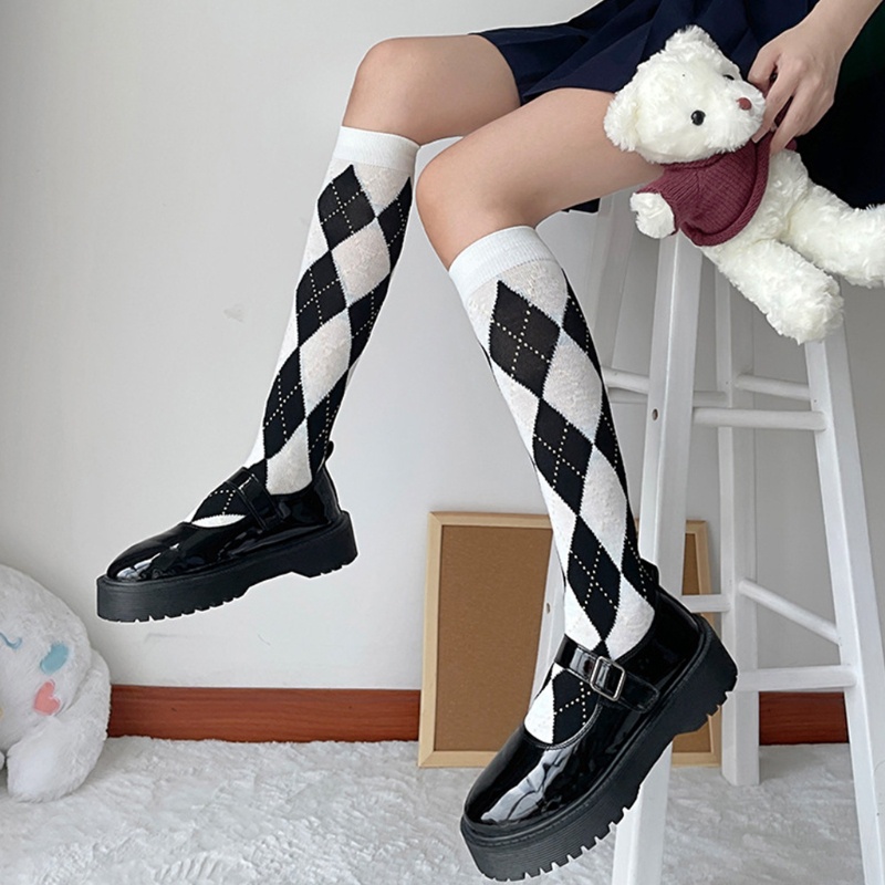 Vớ Dài Qua Gối Họa Tiết Sọc Caro Trắng Đen Phong Cách Lolita Cho Nữ