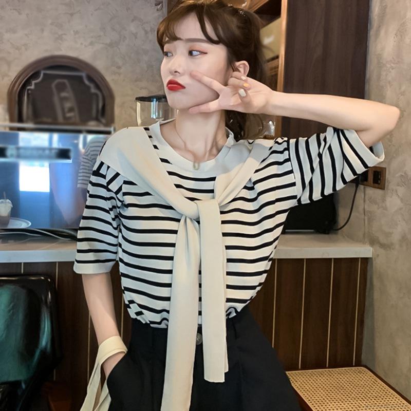 Áo thun tay ngắn giả hai lớp họa tiết kẻ sọc thời trang dành cho nữ Baywellfashion