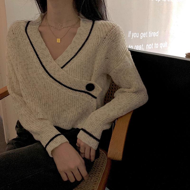 Áo Cardigan Dệt Kim Tay Dài Cổ Chữ V Dáng Rộng Và Ngắn Phong Cách Mới Dành Cho Bạn Nữ