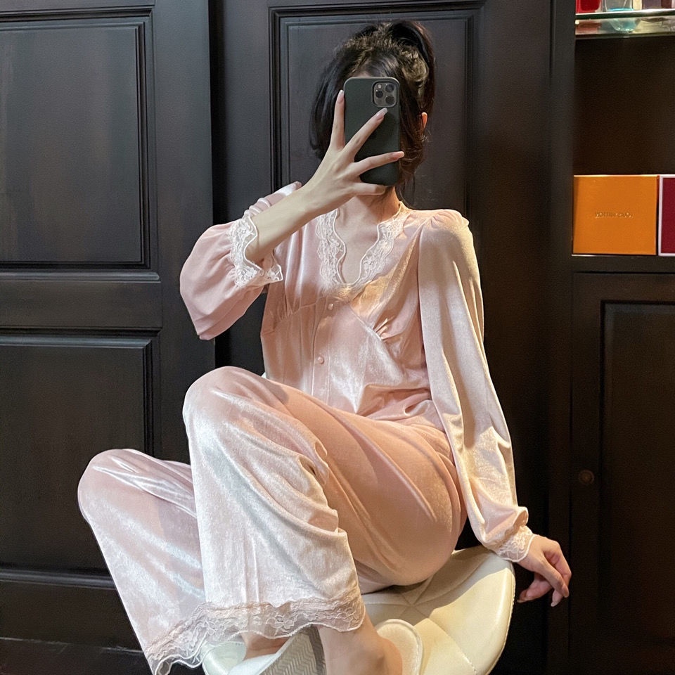 Bộ đồ ngủ vải nhung phối ren màu vàng phong cách Nhật Bản thời trang thu đông cho nữ