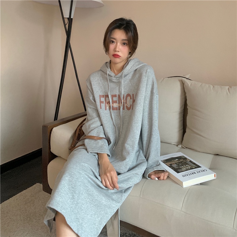 Đầm Hoodie Dày Dáng Rộng Dài Xẻ Tà In Chữ Thời Trang Mùa Thu Mới Cho Nữ