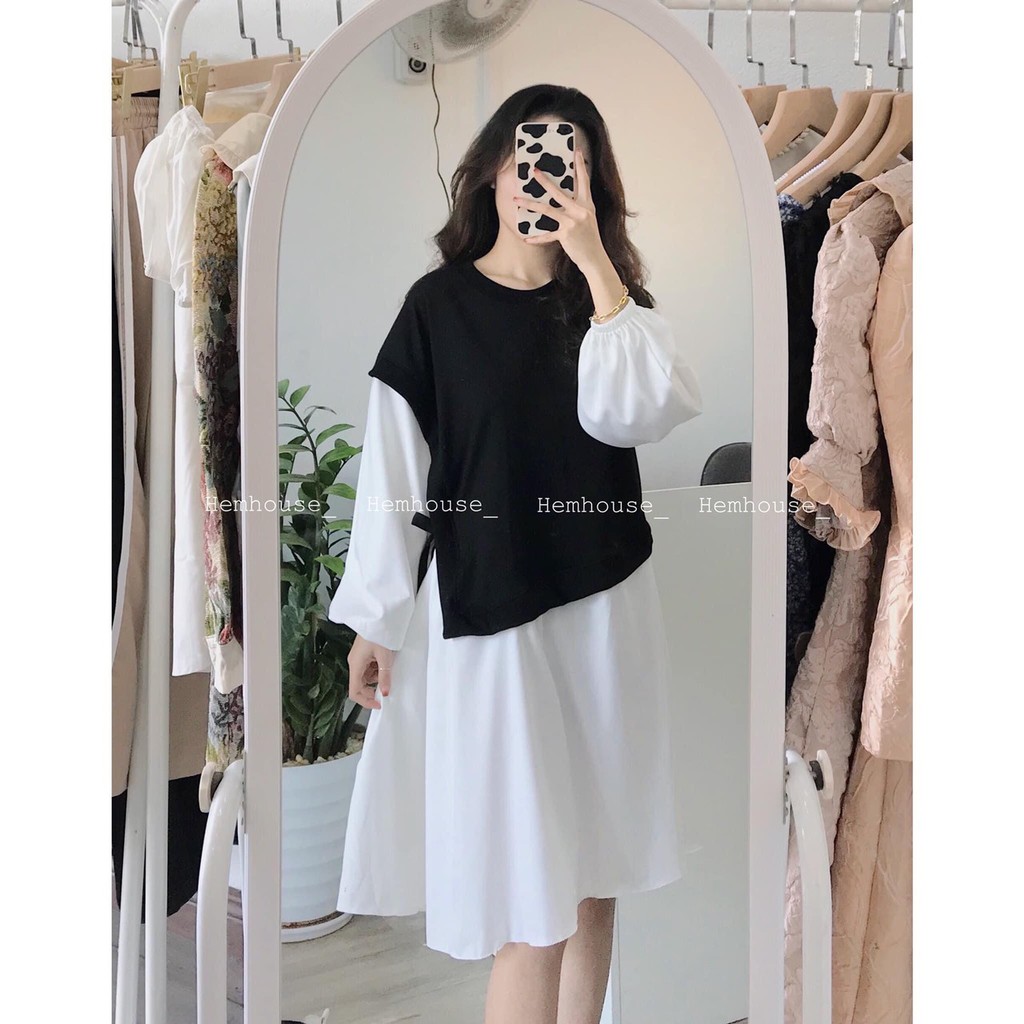 [RẺ VÔ ĐỊCH Váy Babydoll Phối Sơ Mi Thắt Nơ Eo Ulzzang Siêu Hot